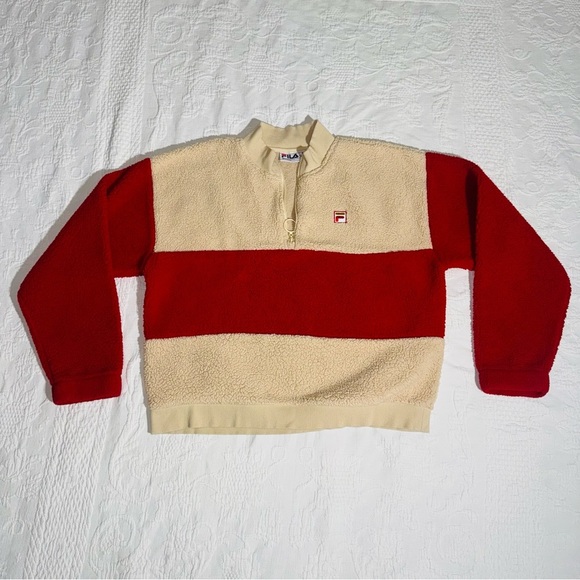 Fila Woman's Pullover Sweater Red & Beige / Tan Sherpa Size Medium Quarter Zip - Picture 1 of 11